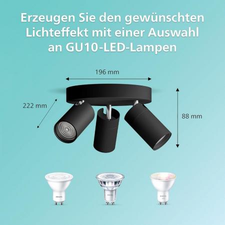 Philips 3er Deckenstrahler Idris in Schwarz IP44 - Badezimmer geeignet, dimmbar mit 3 x GU10 Fassung