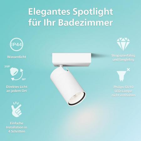 Philips 1er Idris Decken-/Wandspot in Weiß IP44 - Badezimmer geeignet, dimmbar mit 1 x GU10 Fassung