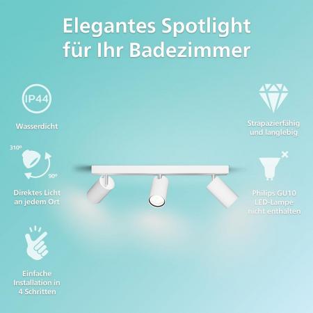 Philips 3er Idris Decken-/Wandspot in Weiß IP44 - Badezimmer geeignet, dimmbar mit 3 x GU10 Fassung