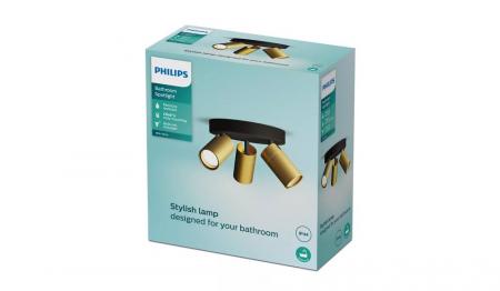 Philips 3er Deckenstrahler Idris in Schwarz/Gold IP44 - Badezimmer geeignet, dimmbar mit 3 x GU10 Fassung