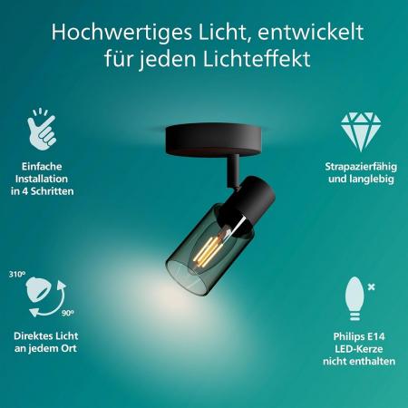 Philips 1er Palms Decken-/Wandspot in Schwarz IP20 - E14 Fassung - aus Glas und Metall