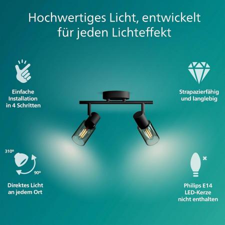 Philips 2er Palms Decken-/Wandspot in Schwarz IP20 - E14 Fassung - aus Glas und Metall
