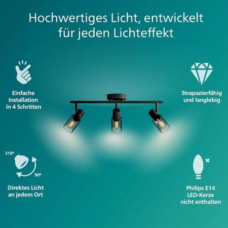 Philips 4er Palms Deckenstrahler in Schwarz IP20 - E14 Fassung - aus Glas und Metall