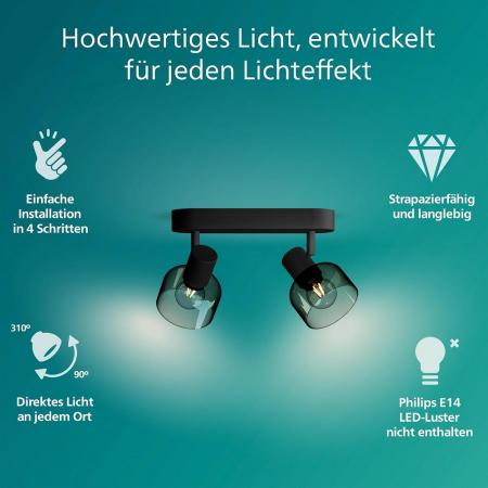 Philips 2er Sleet Decken-/Wandspot in Schwarz IP20 - E14 Fassung - aus Glas und Metall