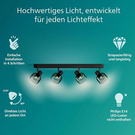 Philips 4err Sleet Deckenstrahler in Schwarz IP20 - E14 Fassung - aus Glas und Metall