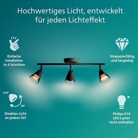 Philips 3er Cleft Decken-/Wandspot in Schwarz IP20 - GU10 Fassung - aus Glas und Metall
