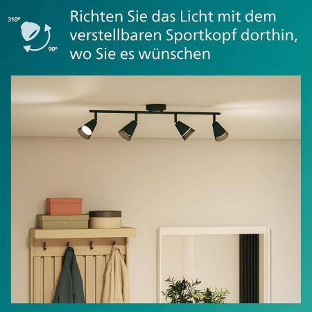 Philips 4er Cleft Decken-/Wandspot in Schwarz IP20 - GU10 Fassung - aus Glas und Metall
