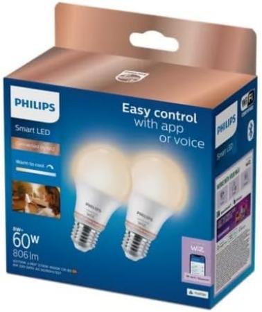 2er-Pack PHILIPS WiZ Smart LED A60 8W wie 60W E27 806lm Tunable White 2200–6500K dimmbar WLAN Bluetooth Matter