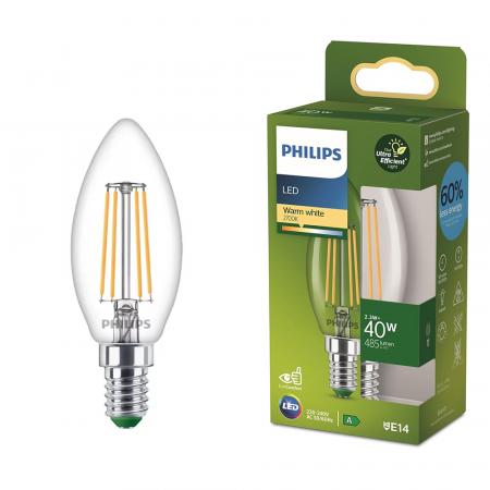 Philips E14 Classic ultraeffiziente LED-Kerzenlampe Filamentoptik 2,3W wie 40W warmweisses Licht