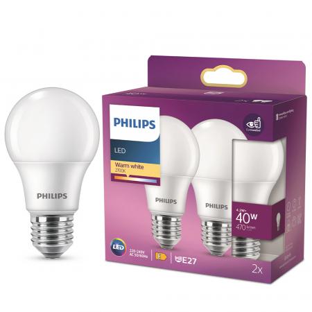 2er Sparset PHILIPS E27 LED Lampen in Glühbirnenform weiß satiniert 4.2W wie 40W warmweiss