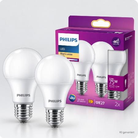 2er-Pack Philips LED Classic A60 E27, 9,5 W wie 75 W, 1.055 lm, 2700 K, matt