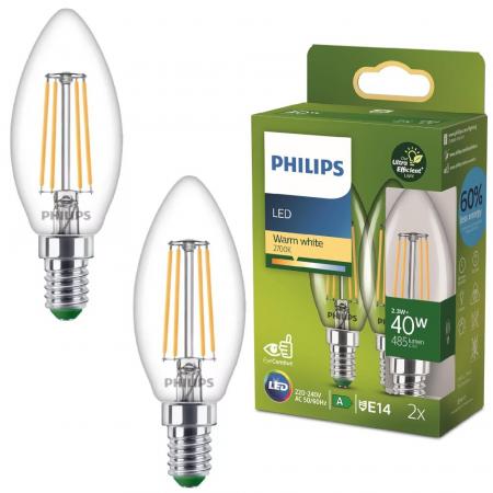 2er Sparpack Philips E14 Classic ultraeffiziente LED-Kerzenlampen Filamentoptik 2,3W wie 40W warmweisses Licht
