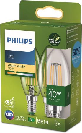2er Sparpack Philips E14 Classic ultraeffiziente LED-Kerzenlampen Filamentoptik 2,3W wie 40W warmweisses Licht