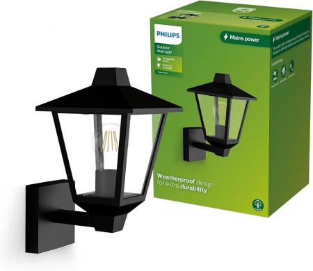 Philips Wandleuchte Kinno in Schwarz mit E27 Fassung IP44
