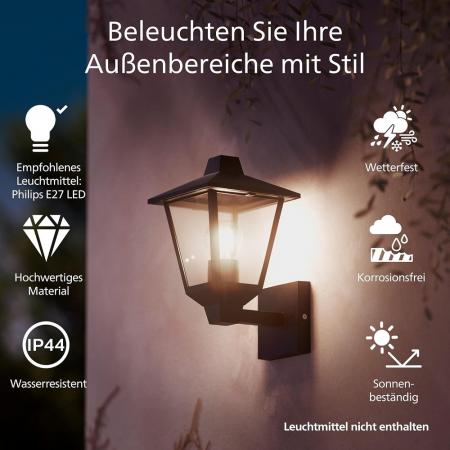 Philips Wandleuchte Kinno in Schwarz mit E27 Fassung IP44