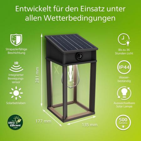 Philips Geri Solar-Wandleuchte Ultra Efficient für den Außenbereich Schwarz - austauschbare Solarlampe, Bewegungssensor, 4000K neutralweißes Licht
