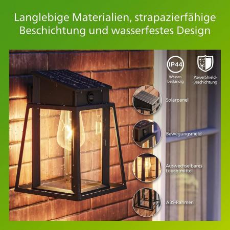 Philips Solar Wandleuchte Lysin in Schwarz mit Bewegungssensor UltraEfficient in klassischer Laternenform - 2700K warmweißes Licht, austauschbare Solarlampe