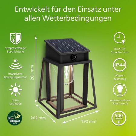 Philips Wandleuchte Lysin für den Außenbereich UltraEfficient Solar Schwarz - austauschbare Solarlampe, Bewegungssensor, 4000K neutralweißes Licht