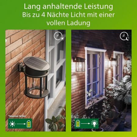 Philips Solar Außenwandleuchte Geri mit Bewegungsmelder Ultra Efficient Schwarz neutralweißes Licht IP44 - austauschbare Solarlampe