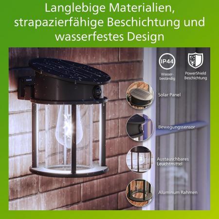 Philips Solar Außenwandleuchte Geri mit Bewegungsmelder Ultra Efficient Schwarz neutralweißes Licht IP44 - austauschbare Solarlampe