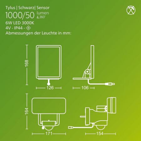 Philips Wandleuchte Tylus Solar-Sicherheitsleuchte für den Außenbereich mit Sensor in Schwarz - Tagelslichtweißes Licht