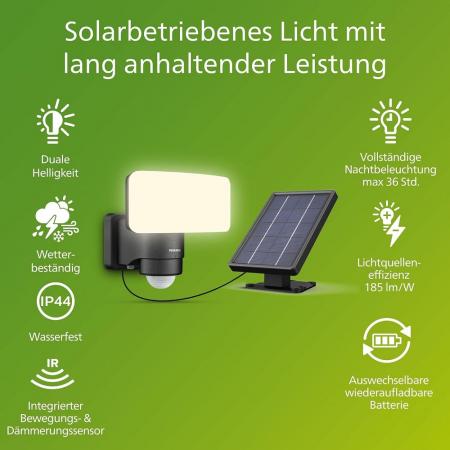 Philips Wandleuchte Tylus Solar-Sicherheitsleuchte für den Außenbereich mit Sensor in Schwarz - Tagelslichtweißes Licht