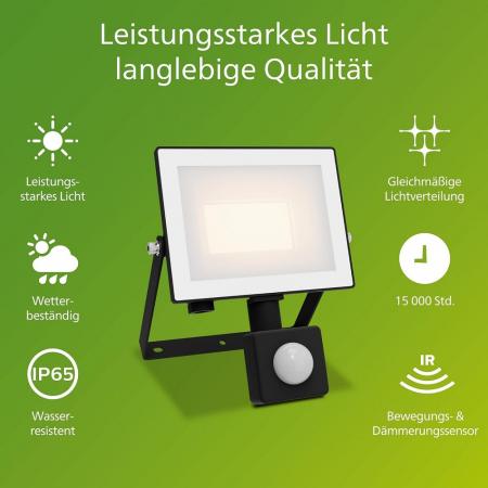 Philips Lois Flutlichtstrahler mit Sensor für den Außenbereich - 20 Watt, 3000K weißes Licht, Schwarz