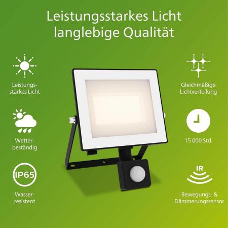 Philips Lois Flutlichtstrahler mit Sensor für den Außenbereich - 30 W, 3000K weißes Licht, Schwarz