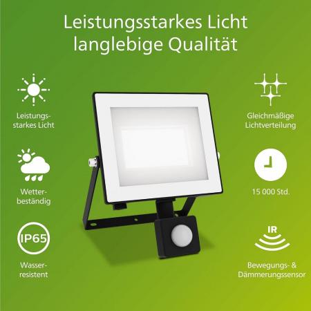 Philips Lois Flutlichtstrahler mit Sensor für den Außenbereich - 30 Watt, 5000K Tageslicht, Schwarz