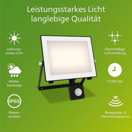 Philips Lois Flutlichtstrahler mit Sensor für den Außenbereich - 50 Watt, 3000K weißes Licht, Schwarz, Tageslicht