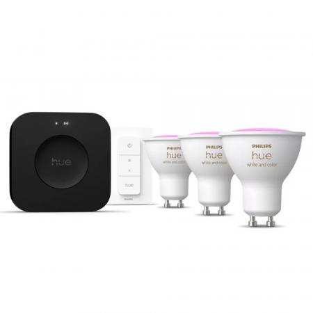 Philips Hue White & Color Ambiance Starter Set mit 3 x GU10 RGBW Lampen 4,2W wie 35W & Bridge Pro &  Dimmschalter