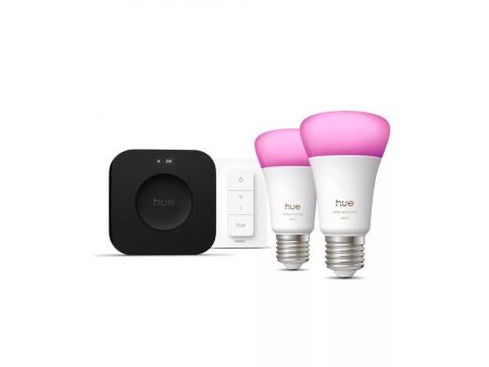 Philips Hue White & Color Ambiance Starter Set mit 2 x E27 RGBW Lampen 8,1W wie 75W & Bridge Pro & Dimmschalter