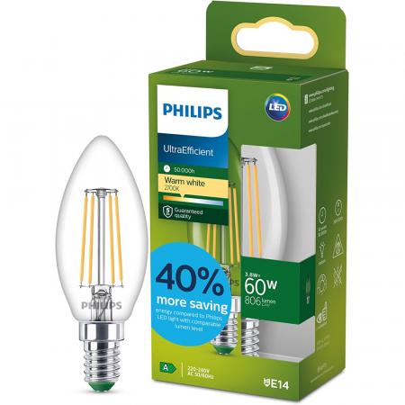 Philips E14 LED Filament-Kerzenlampe 3,8W wie 60W warmweisses Licht Ultra Efficient