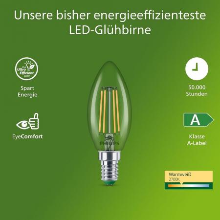 Philips E14 LED Filament-Kerzenlampe 3,8W wie 60W warmweisses Licht Ultra Efficient