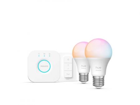 Basis Starter-Set Philips Hue Essential  2 x E27 LED Lampe 8W wie 60W  RGBW + Dimmer Switch + Bridge