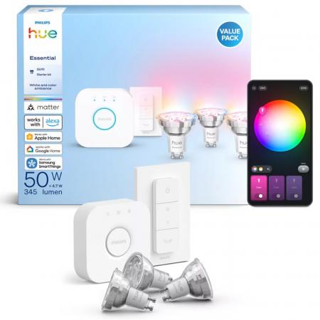 Philips Hue Basis Starter-Set 3 x GU10 White & Color Ambiance Essential Spot 4,7W wie 50W RGBW 36 Grad + Bridge + Dimmschalter