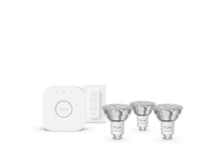 Philips Hue Basis Starter-Set 3 x GU10 White & Color Ambiance Essential Spot 4,7W wie 50W RGBW 36 Grad + Bridge + Dimmschalter