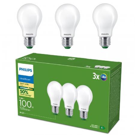 3er Set Philips LEDclassic UltraEfficient A60 E27 7,3W 1535lm 2700K Matt – extrem effiziente LED-Lampe wie 100 Watt