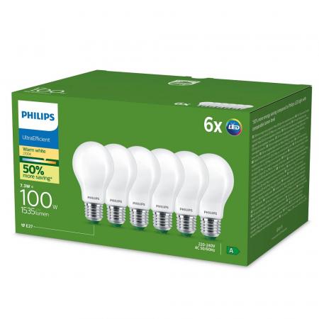 6er Set Philips LEDclassic UltraEfficient A60 E27 7,3W 1535lm 2700K Matt – extrem effiziente LED-Lampe wie 100 Watt