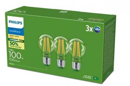 3er Set Philips LEDclassic UltraEfficient A60 E27 7,3W 1535lm 2700K Klar – extrem effiziente Filamentlampe wie 100 Watt