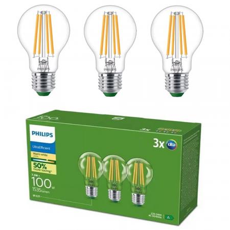 3er Set Philips LEDclassic UltraEfficient A60 E27 7,3W 1535lm 2700K Klar – extrem effiziente Filamentlampe wie 100 Watt
