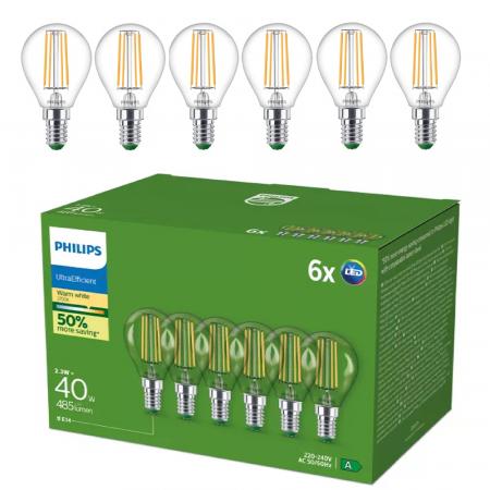6er Set Philips LEDclassic UltraEfficient P45 E14 2,3W 485lm 2700K Klar – extrem effiziente Filament-Tropfenlampe wie 40 Watt