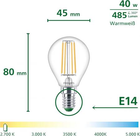 6er Set Philips LEDclassic UltraEfficient P45 E14 2,3W 485lm 2700K Klar – extrem effiziente Filament-Tropfenlampe wie 40 Watt