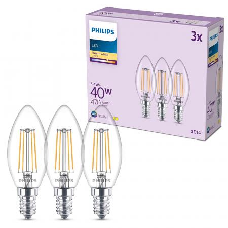 3er Set Philips LED Kerzenlampe B35 E14 4W 470lm 2700K Klar – wie 40 Watt