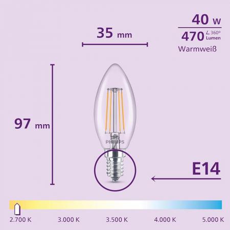 6er Set Philips LED Kerzenlampe B35 E14 4W 470lm 2700K Klar – wie 40 Watt