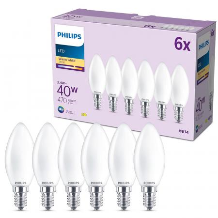 6er Set Philips LED Kerzenlampe B35 E14 4W 470lm 2700K Frosted – wie 40 Watt