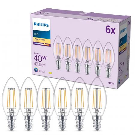 6er Set Philips LED Kerzenlampe B35 E14 4W 470lm 2700K Klar – wie 40 Watt