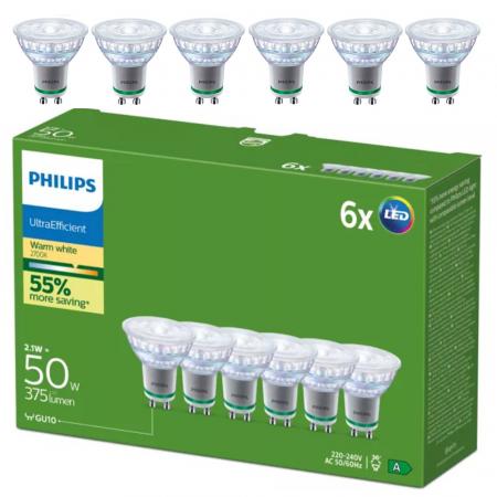 6er Set  Philips LED GU10 Spot 2,1W 2700K Warmweiß 36° – energieeffizienter 50W Ersatz