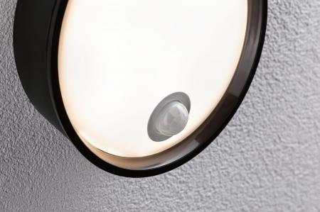 Paulmann 94698 LED Außenwandleuchte Platomo Bewegungsmelder seewasserresistent Spritzwasser geschützt rund 180mm warmweiß 14,5W Schwarz Kunststoff