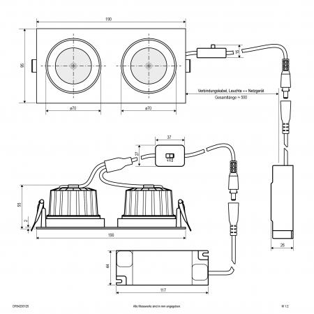 EVN DR54200125 QUADRI LED Deckeneinbauleuchte rechteckig 20W 3000K/4000K/5000K weiß dimmbar IP54 Einbaumaß 182 x 85 mm